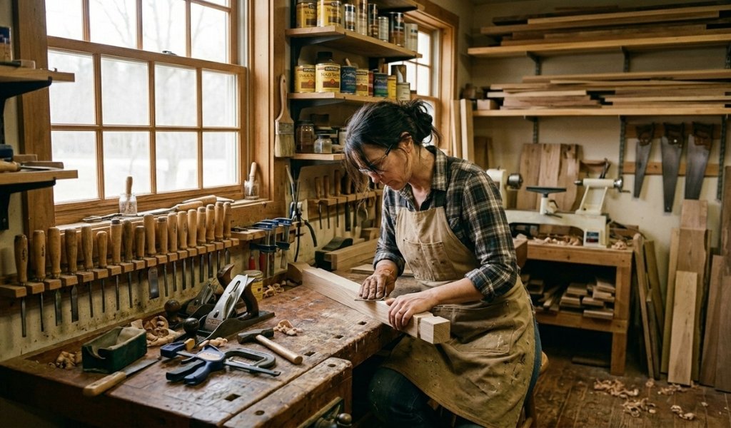 wood sanding and staining process in a professional workshop