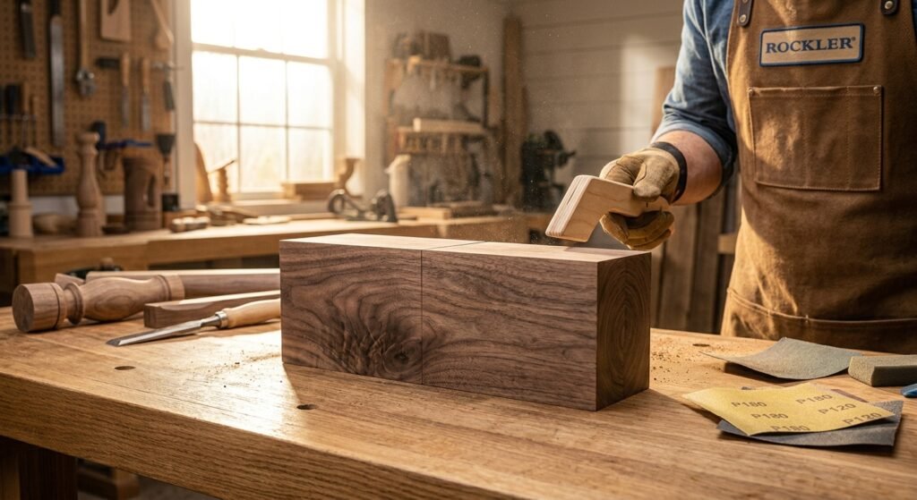 Testing the squareness of two test wood pieces sanded with a custom belt sander jig