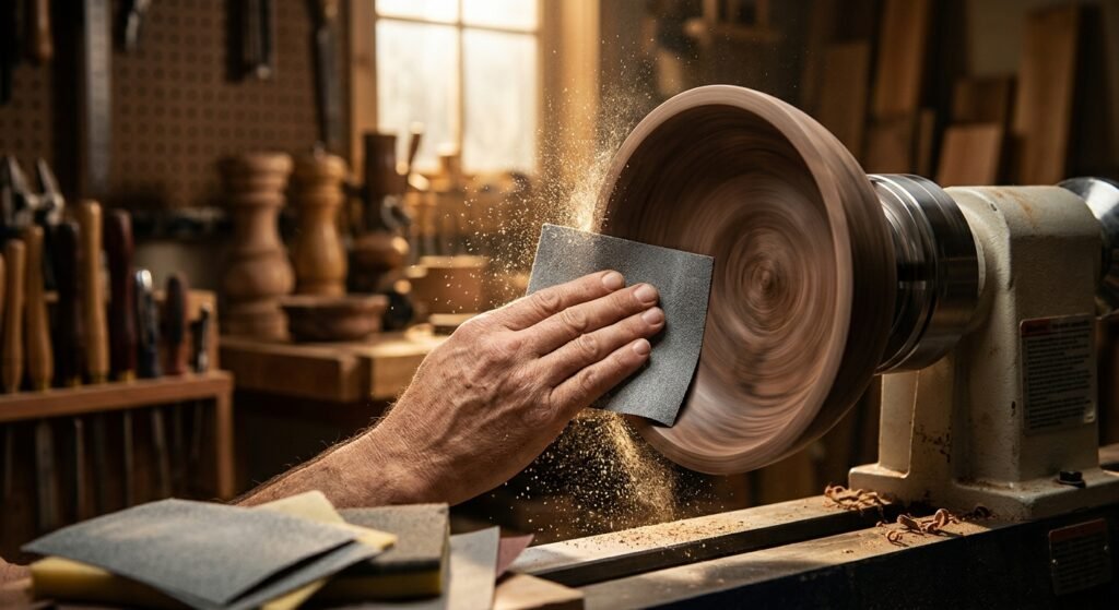 Hand sanding the interior curve of a turned wooden bowl on a lathe