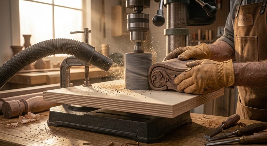 Shop vacuum hose positioned under the drill press table for dust collection during sanding
