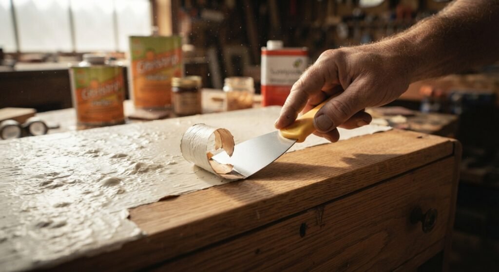 Using a plastic scraper to remove bubbling old paint from wood furniture