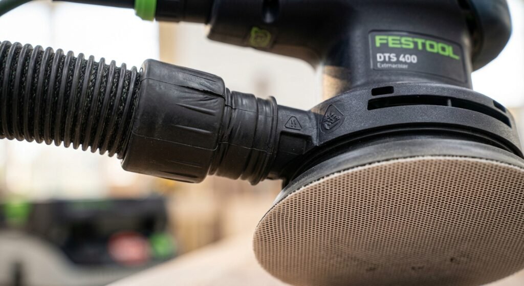 "Universal stepped rubber hose adapter connecting a vacuum line to a random orbital sander dust port