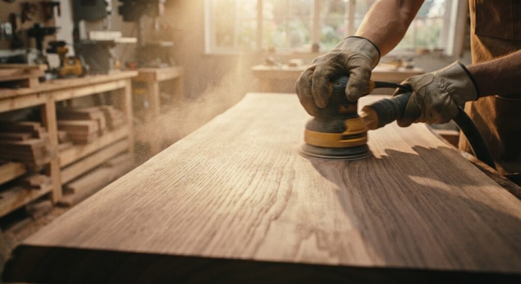 Sanding a wooden board carefully along the natural lines of the wood grain