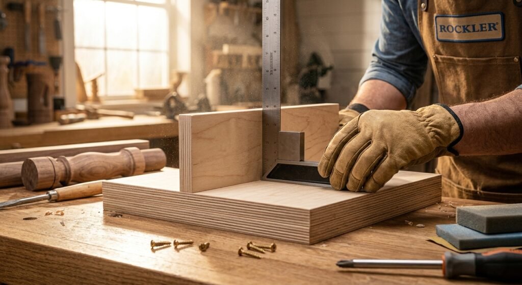Checking 90-degree square alignment of a plywood jig fence using a combination square