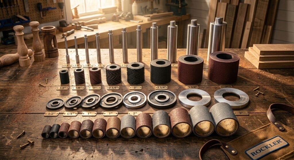 Various sizes of rubber drums, table insert rings, and sanding sleeves for an oscillating spindle sander