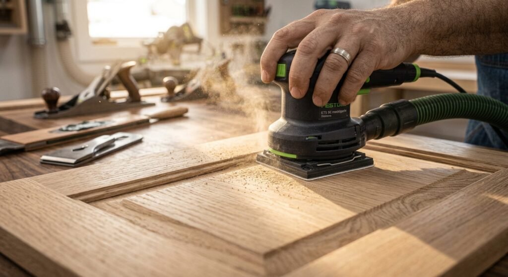 Quarter-sheet palm sander fitting into the square inside corner of a cabinet door frame