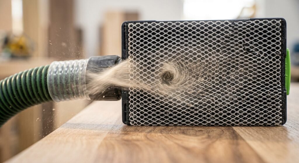Macro view of net mesh sanding sheet showing full-surface dust extraction over wood grain