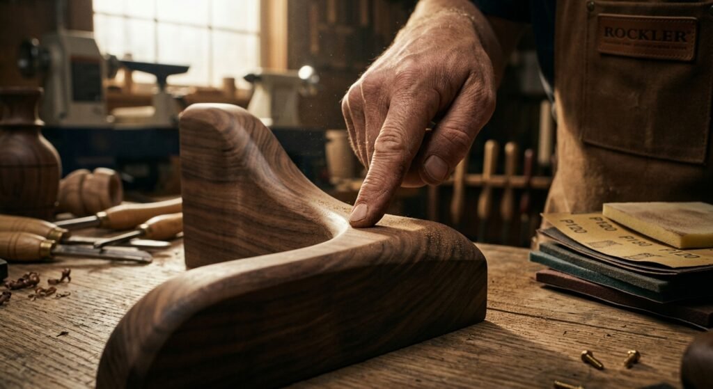 Checking the smooth finish of a curved wood edge sanded with an oscillating spindle sander