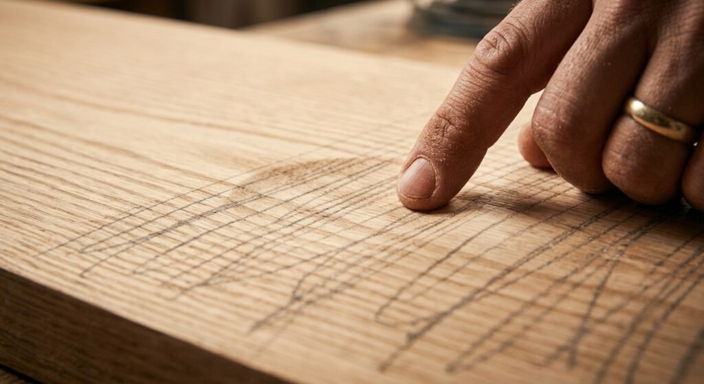Close up of wood surface showing low spot identified by remaining pencil marks