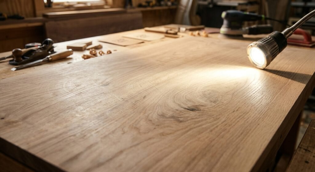 A woodworker inspecting a smooth, flat wood panel under a bright low-angle raking light to detect scratch marks and dips.