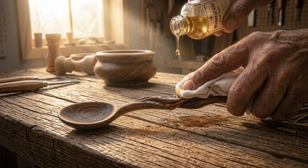 Applying food-safe mineral oil to a smoothly sanded wooden spoon with a soft cloth