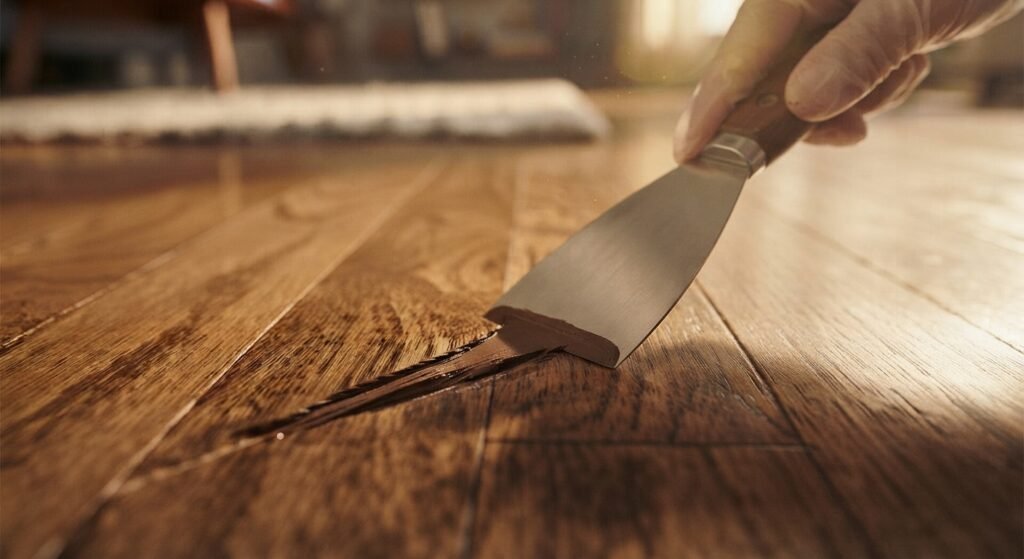 Applying and smoothing wood filler into a deep gouge on a hardwood floor with a putty knife