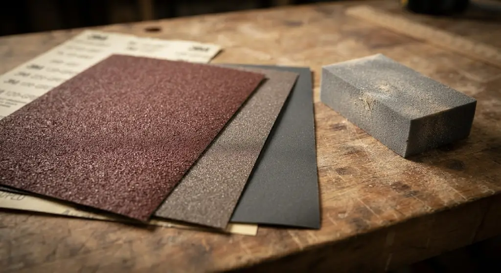 Different grits of sandpaper arranged on a workbench.