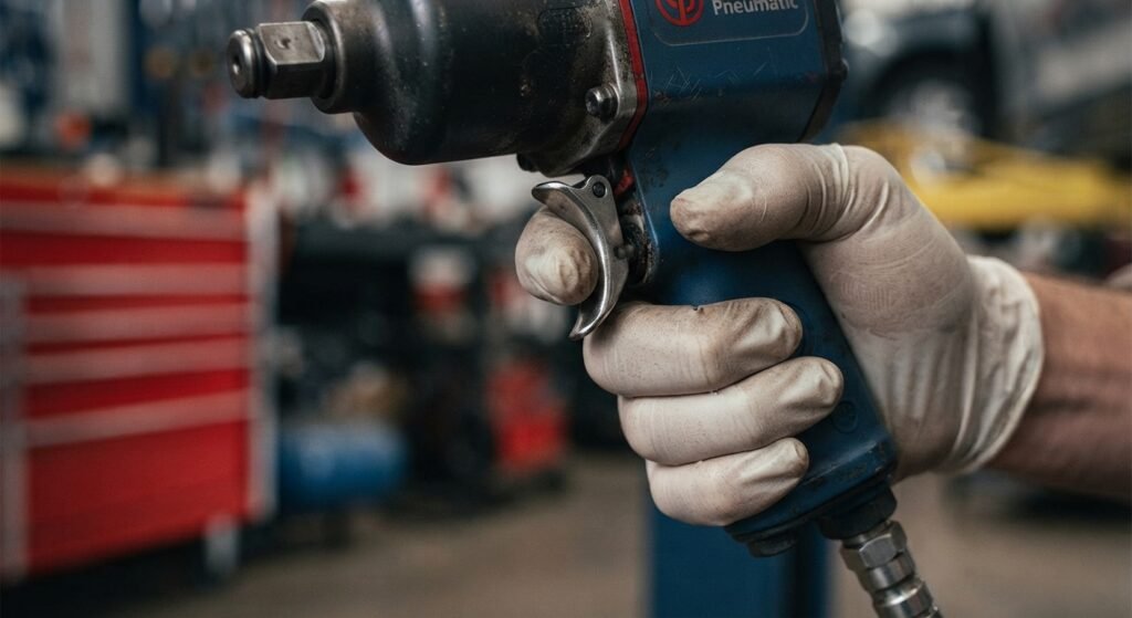 Close-up of a butterfly impact wrench trigger mechanism.