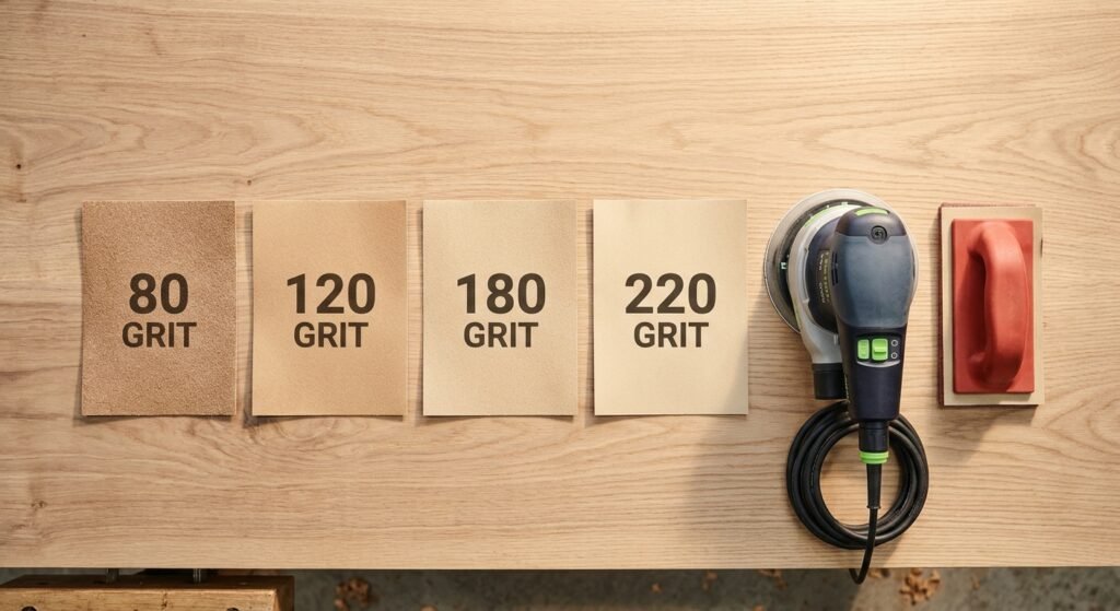 Sandpaper sheets arranged neatly by grit progression from 80 to 220 grit alongside a 5-inch random orbital sander on a workbench.