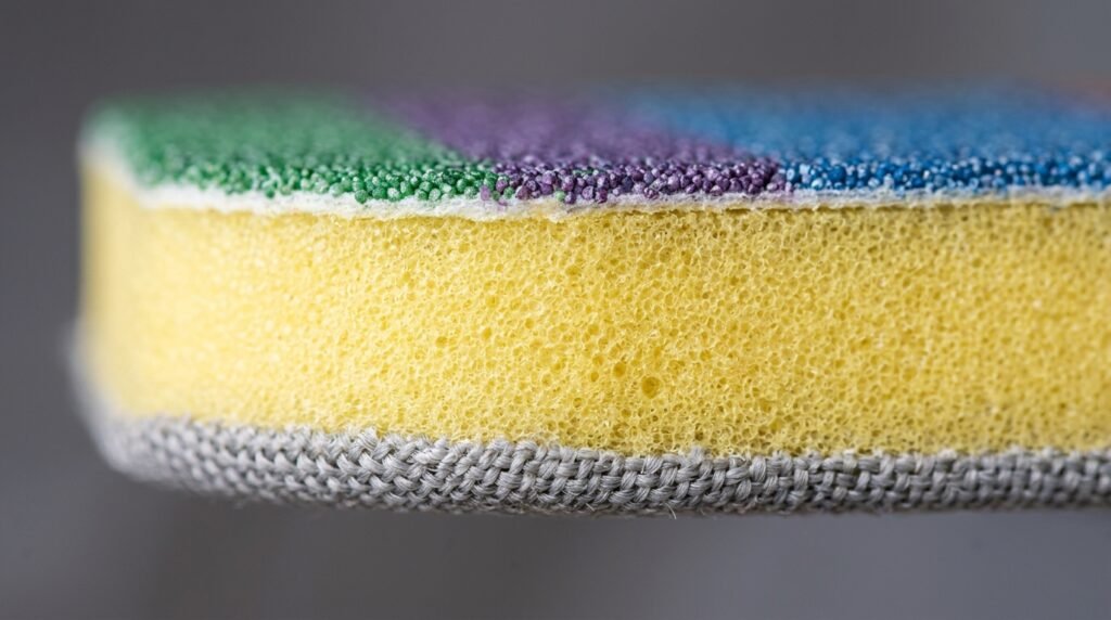 Macro close-up showing the soft foam cushioning layer and fine abrasive coating of a Micro-Mesh pad.