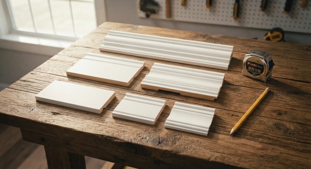 Different profiles of wood molding and trim samples laid out for home improvement