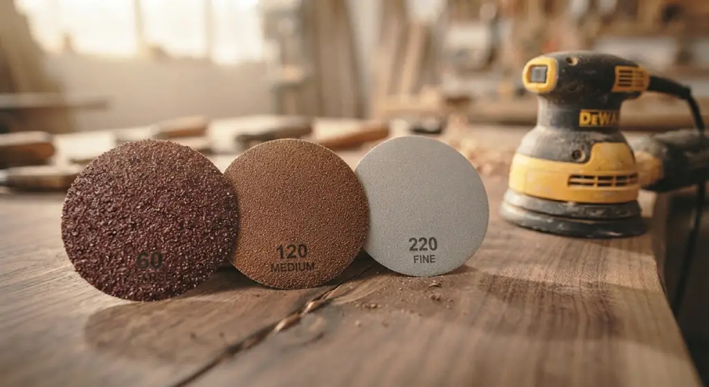Different grit sandpaper discs arranged next to a sander.