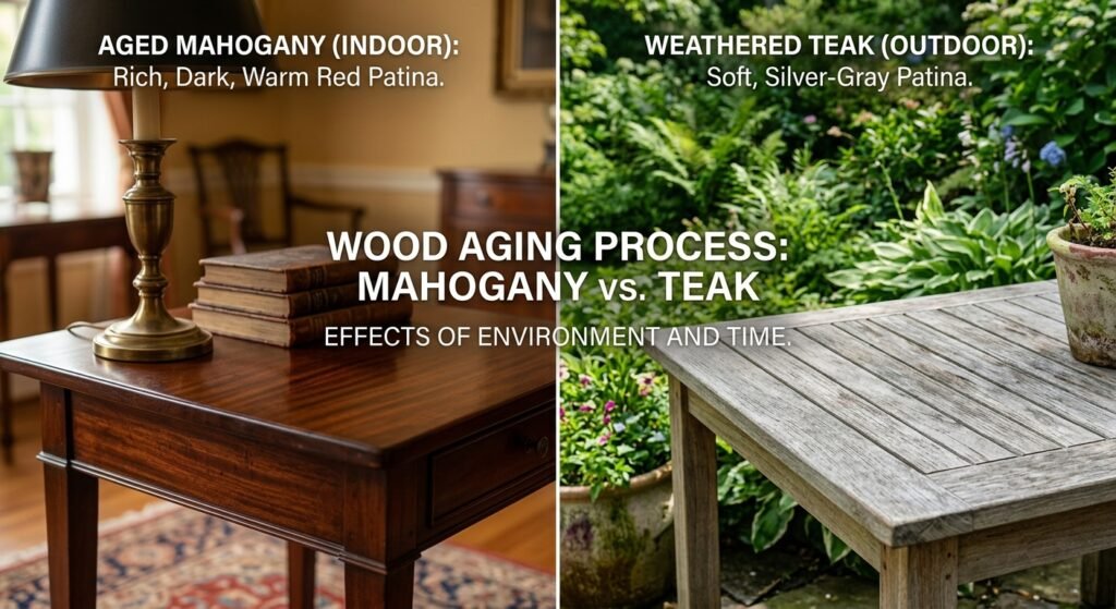 A comparative image showing a polished indoor mahogany table with a deep red color next to an outdoor teak table that has naturally weathered to a silver-gray patina.