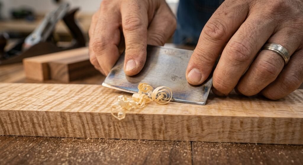 Craftsman using a steel card scraper to remove fine shavings from figured maple wood