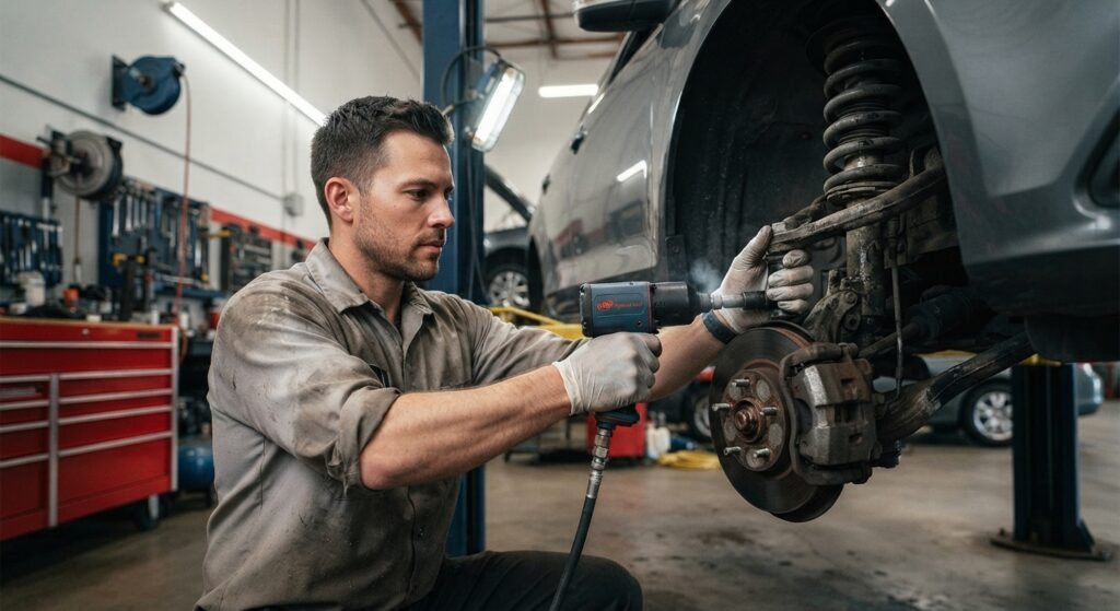 Mechanic using a butterfly impact wrench on a car in a garage.
