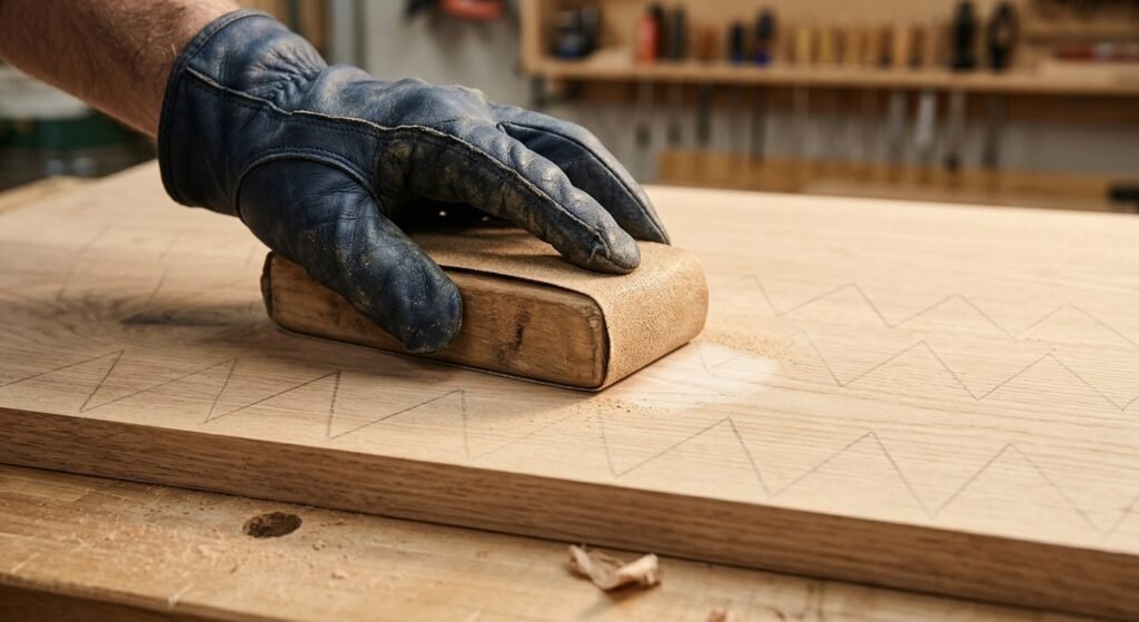 A close-up view of a woodworker using a hard sanding block on a wood panel marked with pencil zigzag lines to check for flatness.