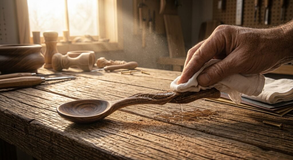 Using a sandpaper-wrapped dowel to sand the inner curved bowl of a wooden spoon
