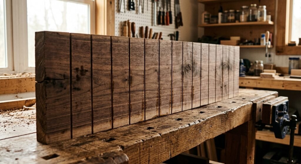 Shallow kerf cuts on the underside of a cupped wood board to relieve tension