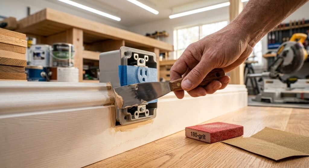 Applying wood filler to gaps around a baseboard molding electrical outlet cutout