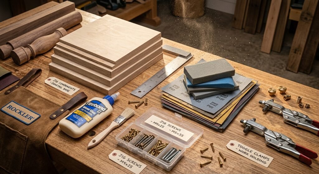 Plywood sheets, square ruler, screws, and toggle clamps laid out on a woodworking workbench