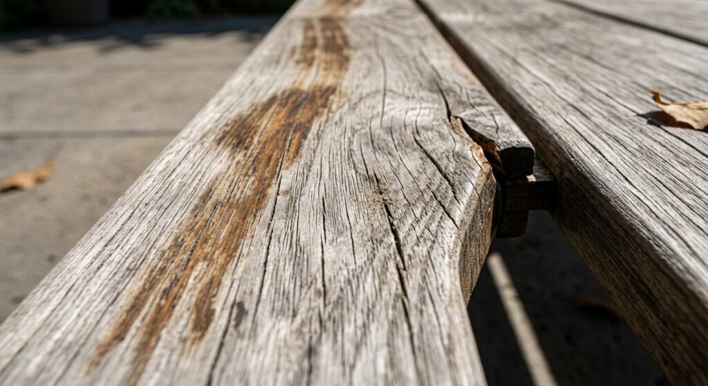 Surface cracks and UV sun fading on weathered acacia wood patio furniture