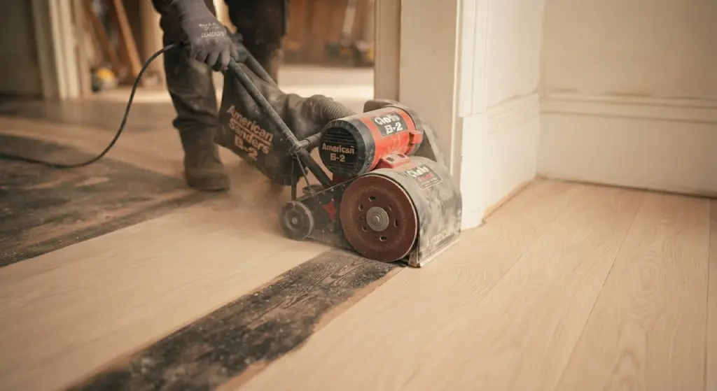 Using an edger sander along the baseboard for consistent floor finishing.