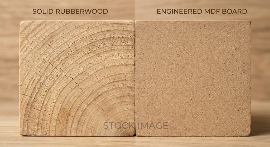 Macro view showing solid rubberwood grain compared to compressed engineered MDF core