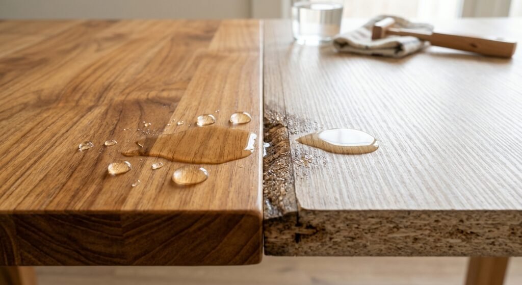 Water spill test comparing moisture reaction on rubberwood vs engineered particle board