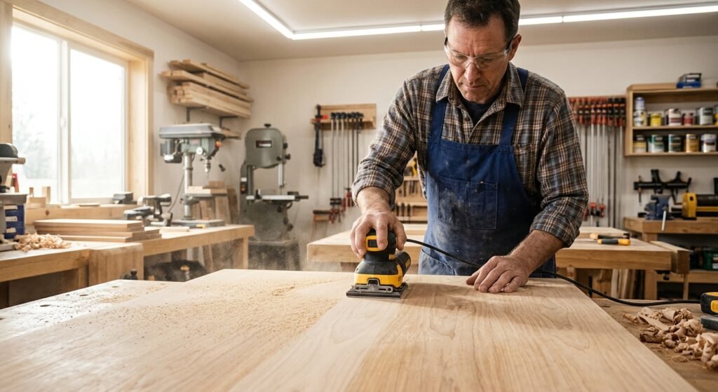 Craftsman using a palm sander to refinish a solid rubberwood tabletop surface
