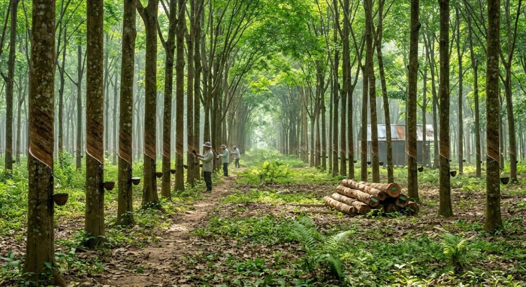 Sustainable rubber tree plantation showing latex tapping before timber harvesting