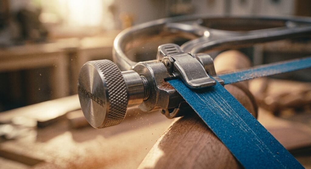 Close-up of the tension mechanism and clamp on the Rockler sanding bow frame
