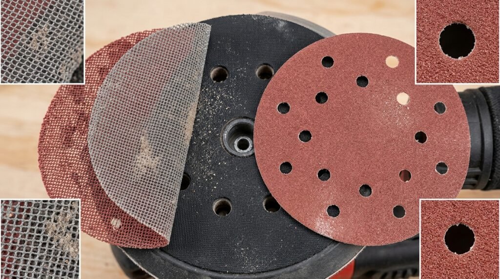 Comparison between an open-weave net mesh sanding disc and a traditional punched-hole paper sanding disc.