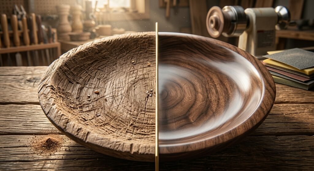 Comparison showing progressive wood sanding textures from coarse grit to fine finish