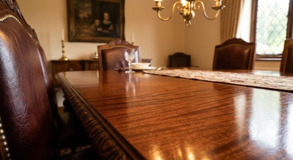 A detailed close-up shot of a polished mahogany dining table showing its deep reddish-brown color and shimmery ribbon grain in a warm, traditional indoor setting.