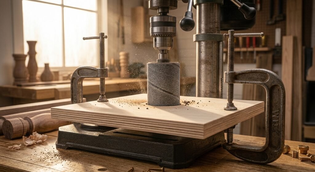 Plywood sacrificial table insert clamped to a drill press table around a sanding drum