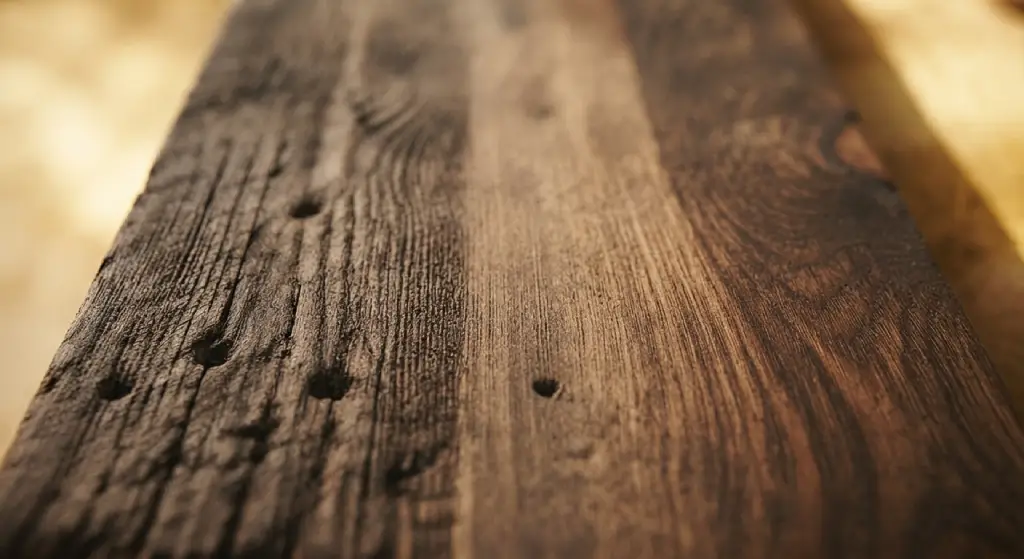Close-up of reclaimed wood showing preserved patina alongside sanded grain.