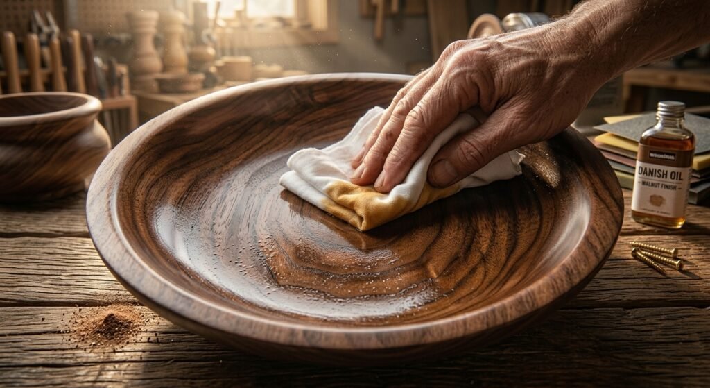 Applying Danish oil finish to a flawlessly sanded wooden bowl to enhance grain