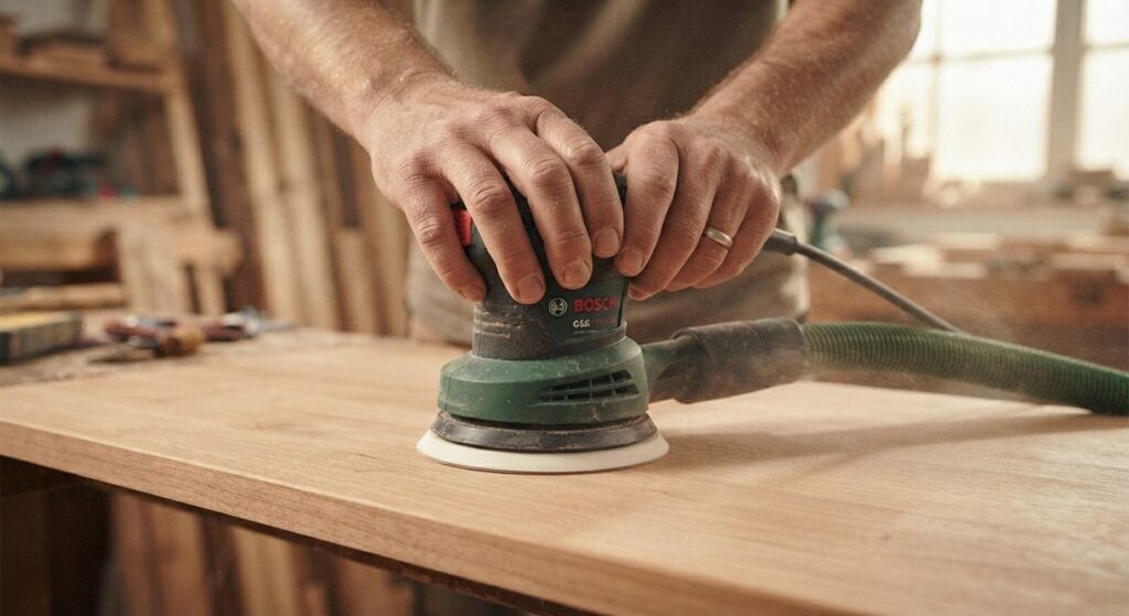 Close-up of a worn hook-and-loop sanding pad.
