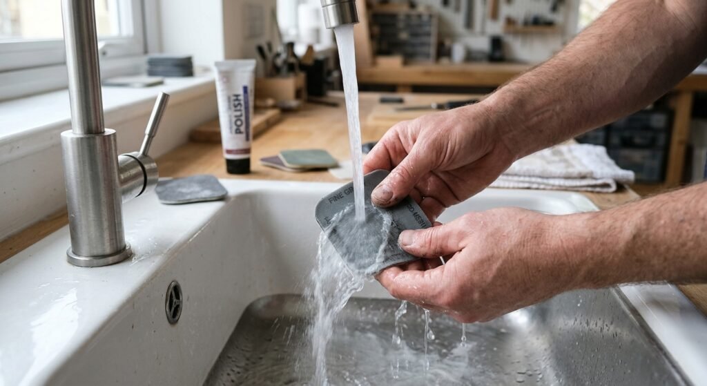 Demonstrating how to clean and reuse a Micro-Mesh pad by rinsing off dust and debris under running water.
