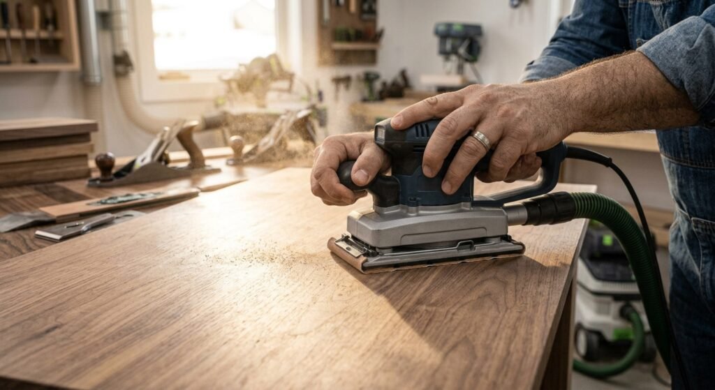Woodworker operating a two-handed half-sheet sander on a large wooden tabletop slab