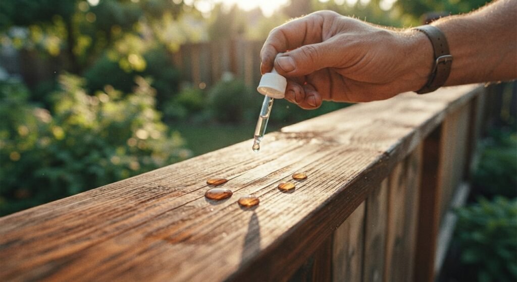 Performing a water drop test on an exterior wooden deck to check stain protection