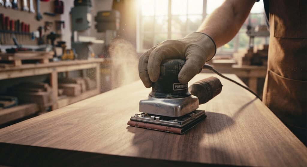 A hand holding a square-base palm sander for detail woodworking