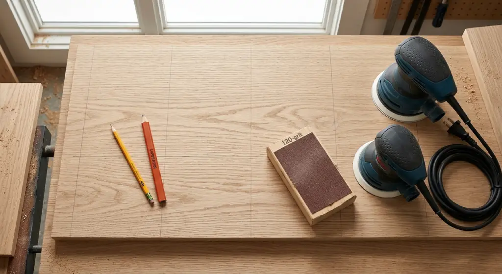 Woodworking sanding tools including a pencil, sanding block, and orbital sander ready for pencil trick sanding