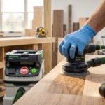 Woodworker using a random orbital sander connected to a vacuum hose for dust-free sanding